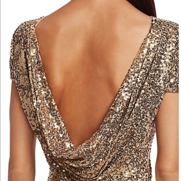 Badgley Mischka,Sequin Cowl Back Gown, rose gold, short sleeves, concealed zip. - Picture 10 of 11